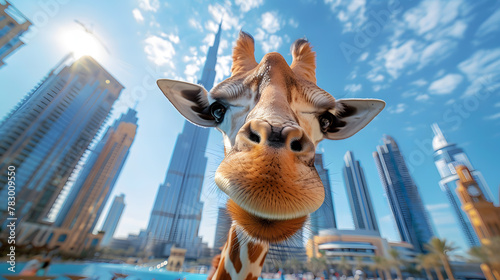 A giraffe photographed with a smartphone near the Dubai fountain