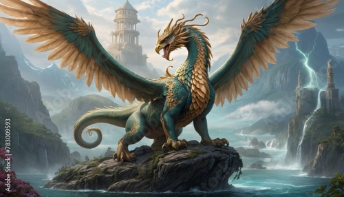 An imposing dragon perches on a cliff, wings unfurled, guarding the misty waterways and towering architecture of an ancient, mystical island realm.. AI Generation photo