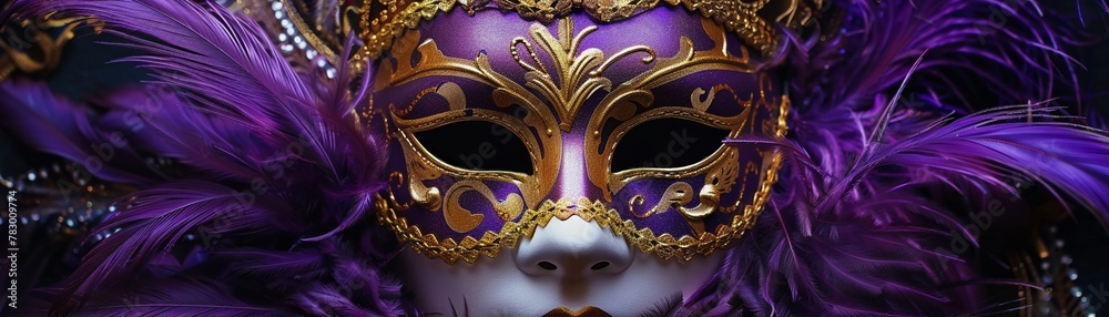 A luxurious Venetian mask adorned with intricate gold detailing and elegant purple feathers on a dark background