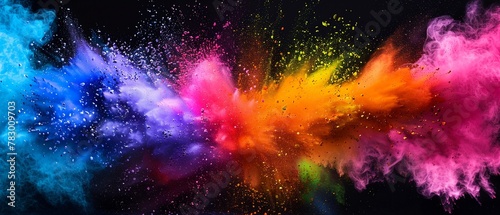 A dynamic explosion of vibrant colorful powder on a black background