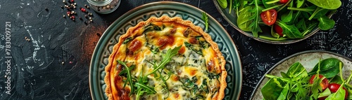 A freshly baked spinach quiche on a decorative ceramic plate accompanied by a green salad photo