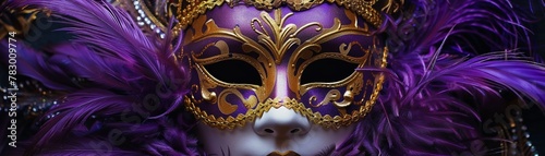 A luxurious Venetian mask adorned with intricate gold detailing and elegant purple feathers on a dark background © Creative_Bringer