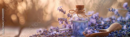 A small glass bottle with lavender essential oil and a wooden scoop with flowers