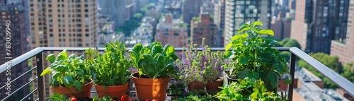 A thriving balcony vegetable garden with a variety of plants provides a green oasis against the city skyline backdrop.
