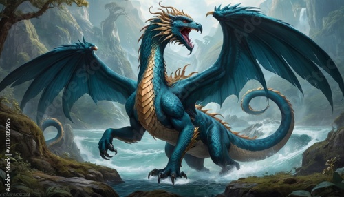 A mythical blue dragon coils elegantly around misty waterfalls  its scales shimmering with power in an ancient  lush green forest realm.. AI Generation