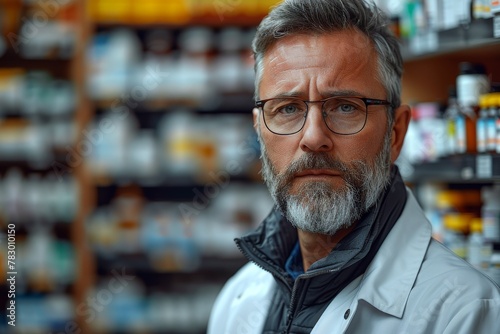 A mature male pharmacist with a beard and glasses standing in a shop with shelves
