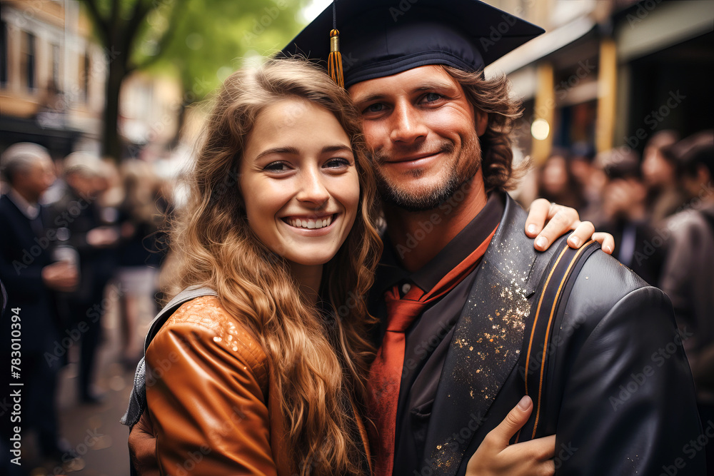 Fototapeta premium Emotional moments when graduates hug their loved ones after the ceremony.