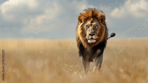 Dominant male lion strides confidently across the savannah gaze fixed forward