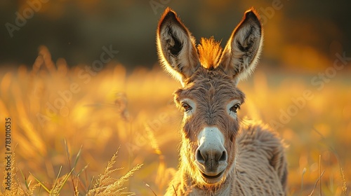 Donkey in Natural Environment. Donkey Playfully Nudging Fence in Sunlit Pasture, Soft Morning Light Bathing the Scene.