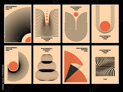 Set of 20s minimalistic geometric posters inspired postmodern of vector abstract dynamic symbols with bold geometric shapes, useful for web background, poster art design, hi-tech print, cover artwork