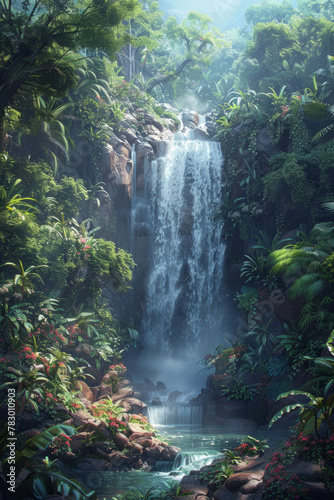 A secluded waterfall in a lush forest  serene under a clear blue sky.
