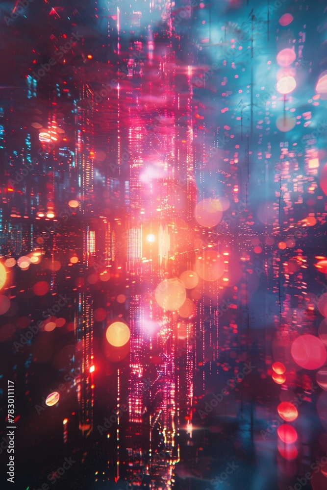 A photorealistic glitch artwork showcasing an anamorphic lens distortion and a surreal blend of digital and real elements, complete with lens flare