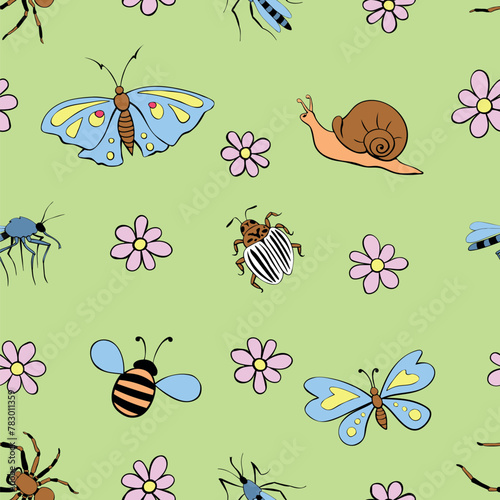 Seamless childish pattern with cute flowers, butterfly, snails, bugs. Insects on glade. Vector illustration. For textile, print, kids surface design