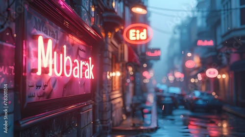 Vivid neon lights illuminate the "Eid Mubarak" font against a white backdrop, creating a futuristic urban vibe reminiscent of a bustling metropolis