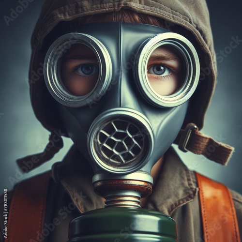 Close-up of a child wearing a gas mask
