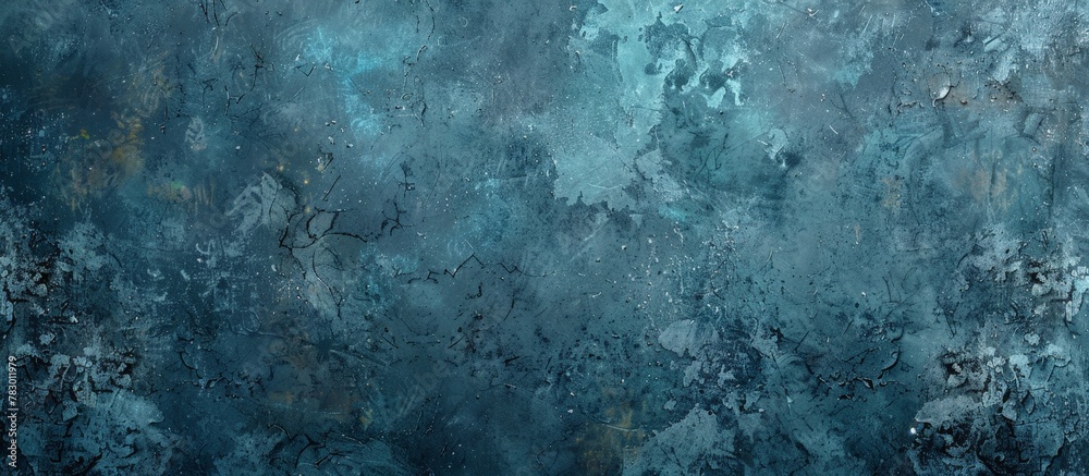 Close-up view of a painting with a blue and green background, focusing on abstract textures and colors
