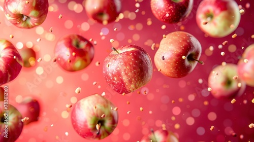 Apples flying chaotically in the air, bright saturated background, spotty colors, professional food photo