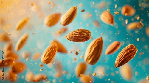 Almonds flying chaotically in the air, bright saturated background, spotty colors, professional food photo