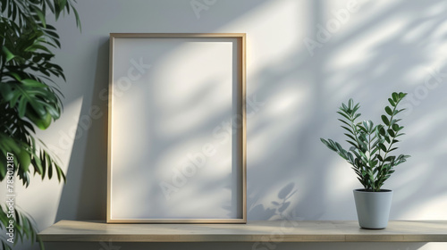 A minimalist living room with a blank photo frame mockup on a sleek shelf, showcasing modern design and natural light.