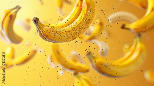 Bananas flying chaotically in the air, bright saturated background, spotty colors, professional food photo