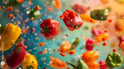Bell peppers flying chaotically in the air, bright saturated background, spotty colors, professional food photo