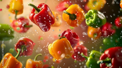Bell peppers flying chaotically in the air, bright saturated background, spotty colors, professional food photo