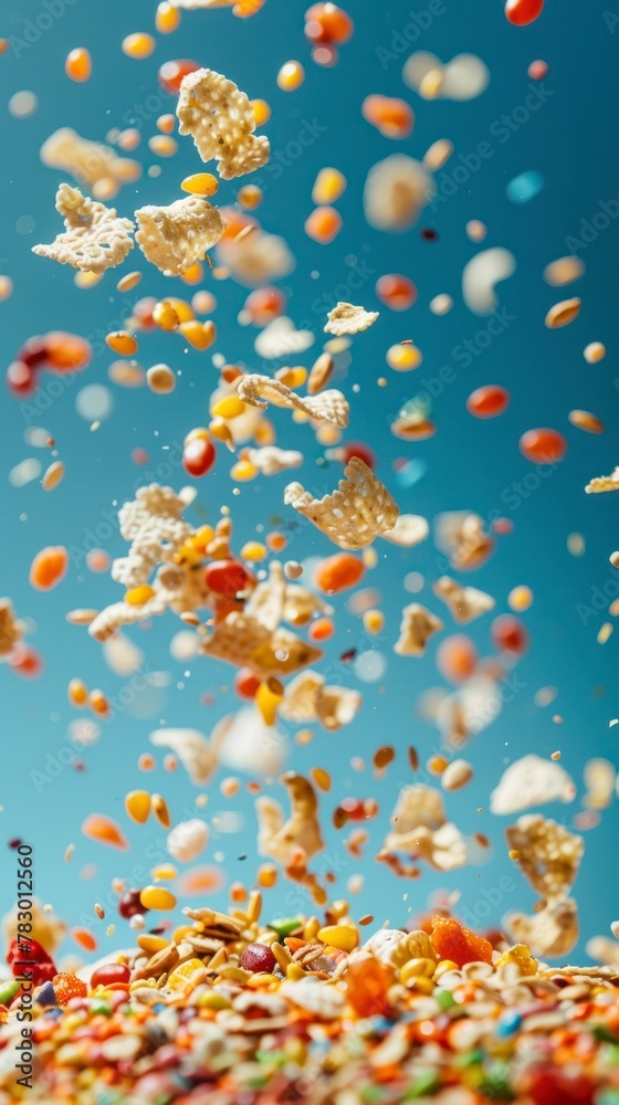 Cereals flying chaotically in the air, bright saturated background, spotty colors, professional food photo Cereals flying chaotically in the air, bright saturated background, spotty colors, professional food photo