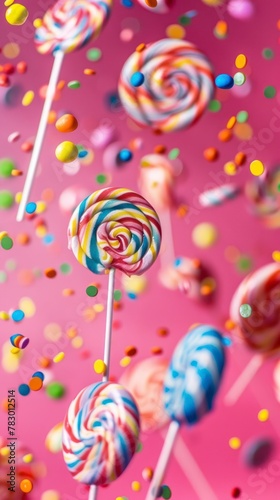 Candy lollipops flying chaotically in the air, bright saturated background, spotty colors, professional food photo
