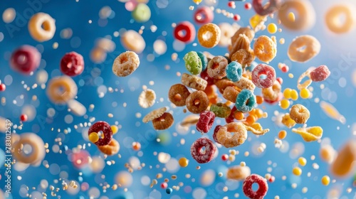 Cereals flying chaotically in the air, bright saturated background, spotty colors, professional food photo