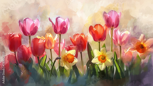 Beautiful watercolor painting of vibrant tulips and daffodils, showcasing the beauty of spring. © ChubbyCat