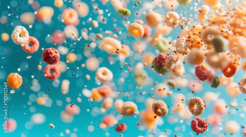 Cereals flying chaotically in the air, bright saturated background, spotty colors, professional food photo