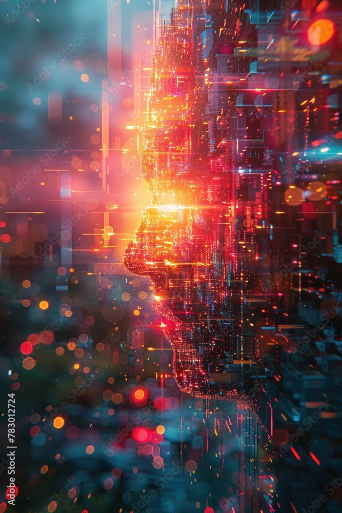 Futuristic scene rendered in a photorealistic style, featuring a digital glitch effect with an anamorphic lens and lens flare. (This highlights the futuristic theme)