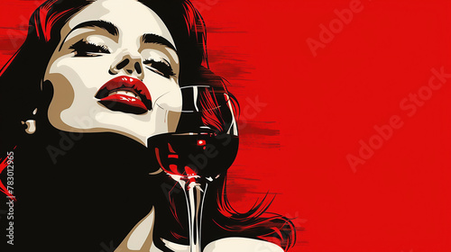 Woman with glass of red wine. Red wine color and her lips. Space for text