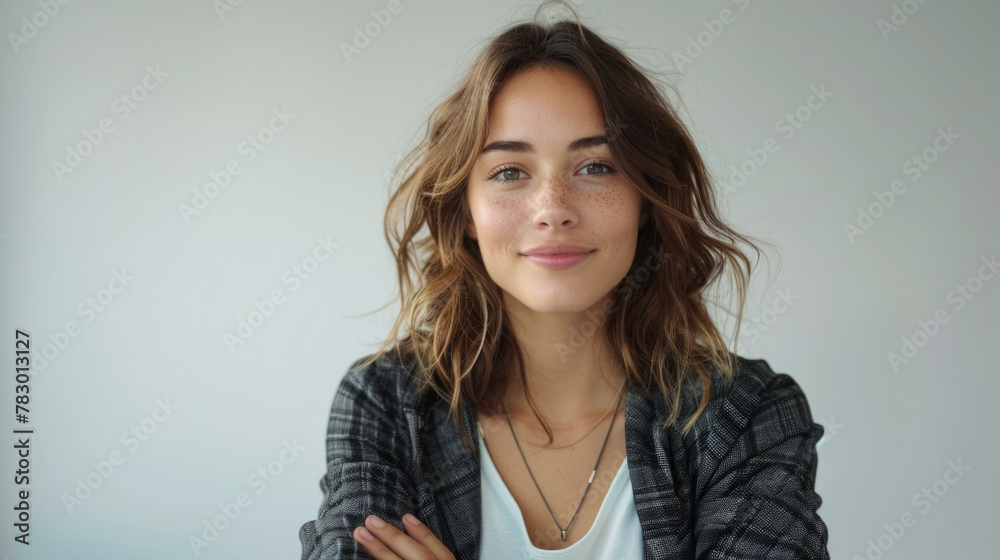 A cheerful businesswoman exuding positivity in casual attire with her arms crossed. A cheerful businesswoman exuding positivity in casual attire with her arms crossed.