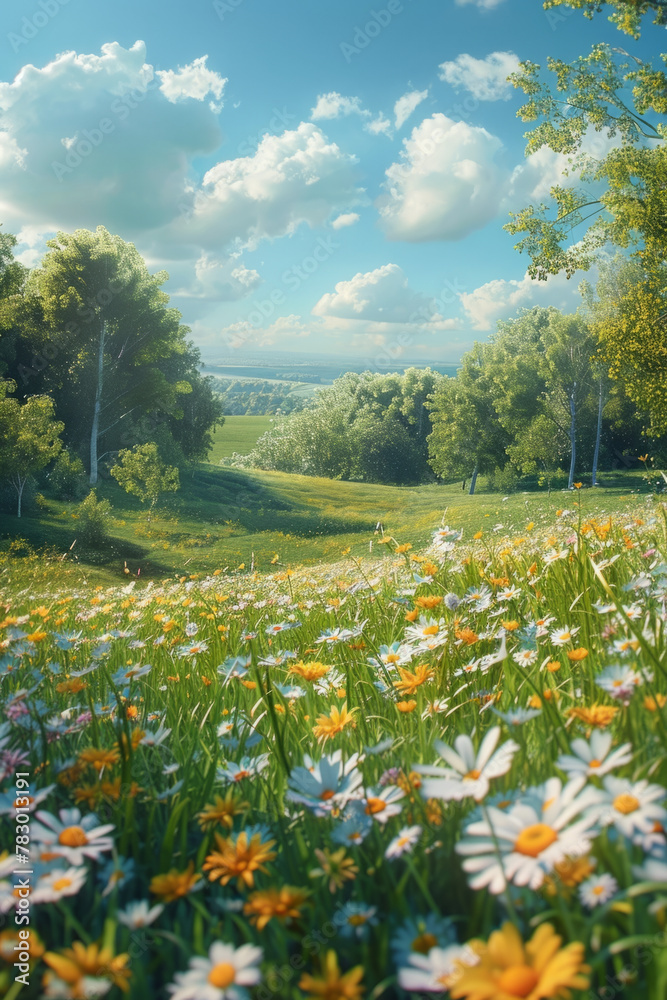 Obraz premium A vivid and serene depiction of a picturesque meadow during the spring season, showcasing vibrant greenery and blooming wildflowers under a clear, expansive sky.