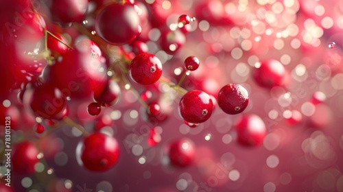 Cranberries flying chaotically in the air, bright saturated background, spotty colors, professional food photo
