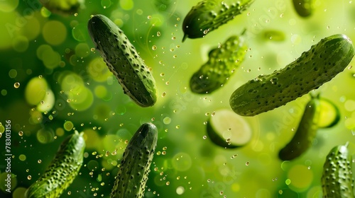 Cucumbers flying chaotically in the air, bright saturated background, spotty colors, professional food photo