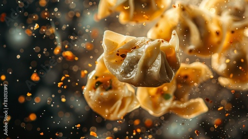 Dumplings flying chaotically in the air, bright saturated background, spotty colors, professional food photo