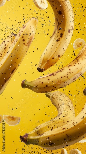 Fresh bananas flying chaotically in the air, bright saturated background, spotty colors, professional food photo