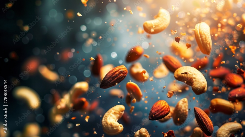 Indian Nuts flying chaotically in the air, bright saturated background, spotty colors, professional food photo - obrazy, fototapety, plakaty 