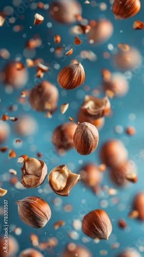 Hazelnuts flying chaotically in the air, bright saturated background, spotty colors, professional food photo