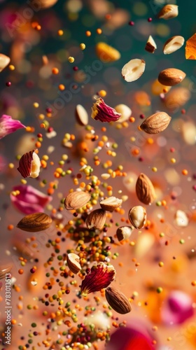 Indian Nuts flying chaotically in the air, bright saturated background, spotty colors, professional food photo