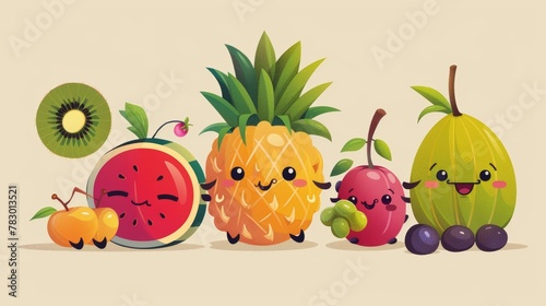 Isolated on a beige background, these cute cartoon tropical fruits are doing summer activities, including watermelon, pineapple, grape, kiwi, and cantaloupe melon.