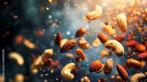 Indian Nuts flying chaotically in the air, bright saturated background, spotty colors, professional food photo photo