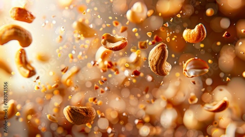 Indian Nuts flying chaotically in the air, bright saturated background, spotty colors, professional food photo