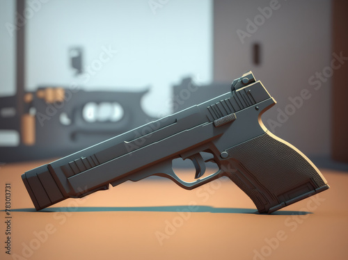 This image is a 3D rendering of a gun on a table. (ID: 783013731)