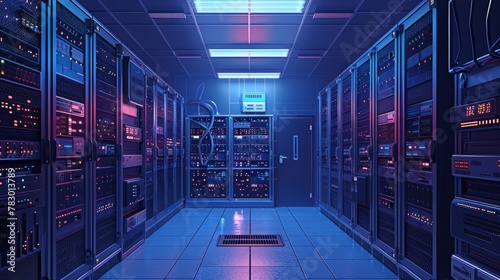 Business Network: A 3D vector illustration of a network server room in a business setting