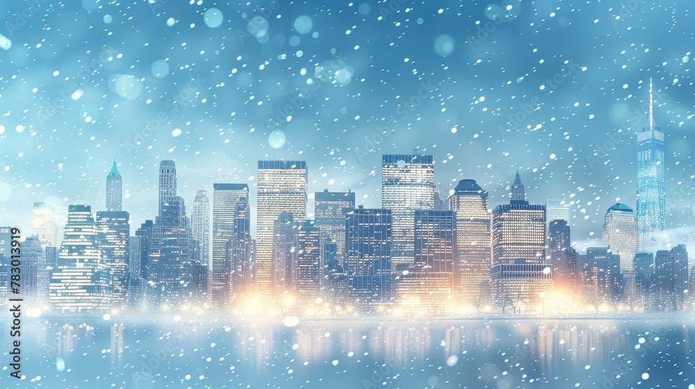 City Skyline: A 3D vector illustration of a city skyline during a snowfall