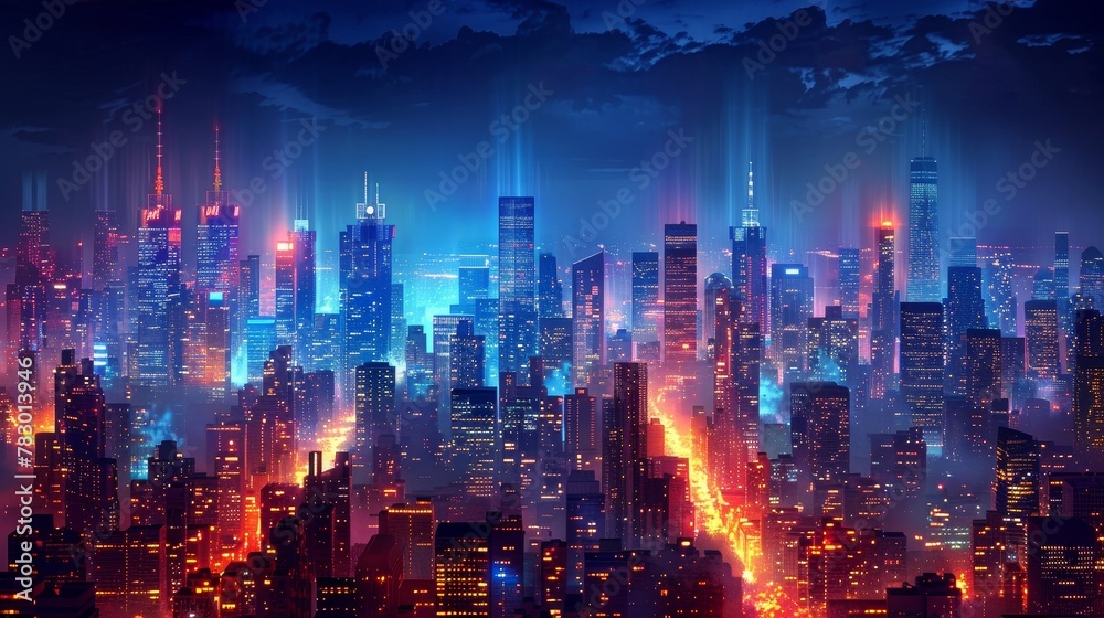 City Skyline: A 3D vector illustration of a city skyline at night