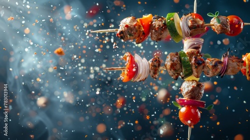 Ingredients for kebab flying in the air, bright saturated background, spotty colors, professional food photo photo